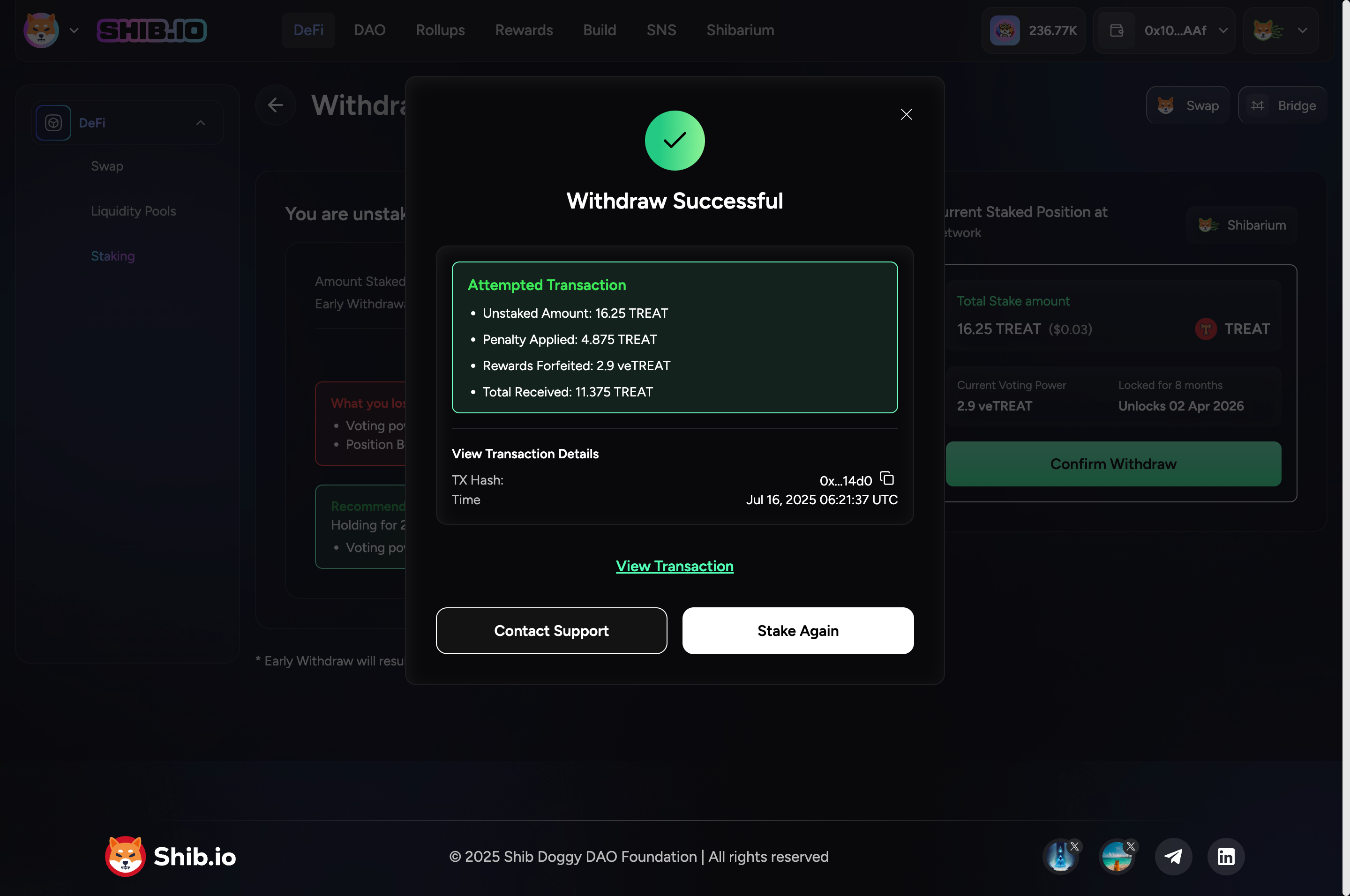 Withdraw Staking success screen